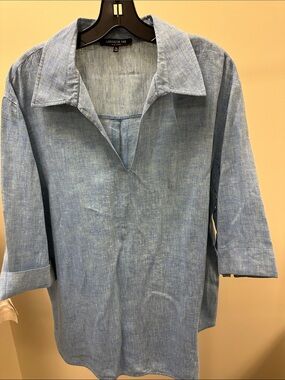 Lafayette 148 New York Chambray Blue Linen-Blend V-Neck Tunic